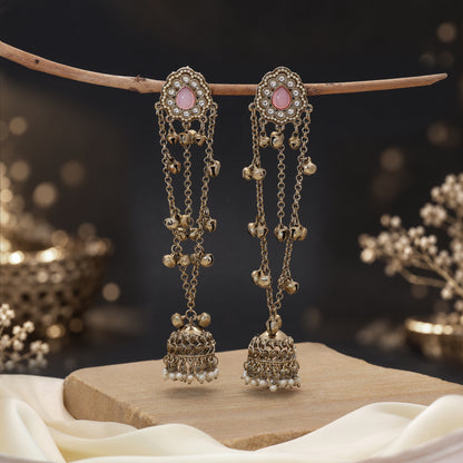 Pastel Powder Light Pink Color Long Kashmiri Earrings Tailored For Special Occasions