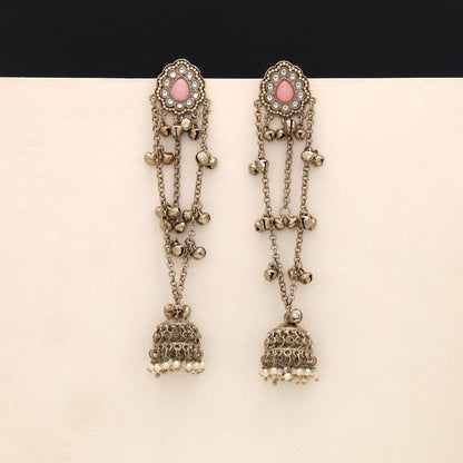 Pastel Powder Light Pink Color Long Kashmiri Earrings Tailored For Special Occasions