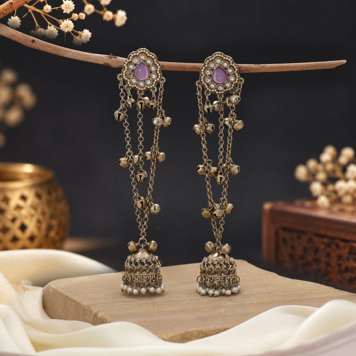 Pastel Light Purple Color Long Kashmiri Earrings Created Specially For Family Functions