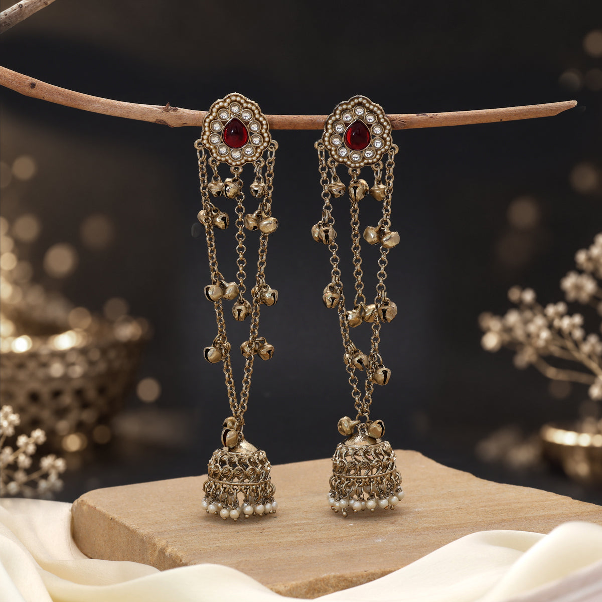 Deep Velvet Maroon Color Long Kashmiri Earrings Styled For Traditional Indian Outfits