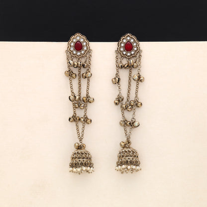 Deep Velvet Maroon Color Long Kashmiri Earrings Styled For Traditional Indian Outfits