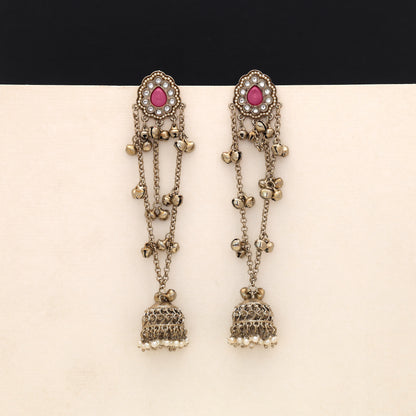 Graceful Baby Pink Color Long Kashmiri Earrings Designed For Minimalist Ethnic Styling