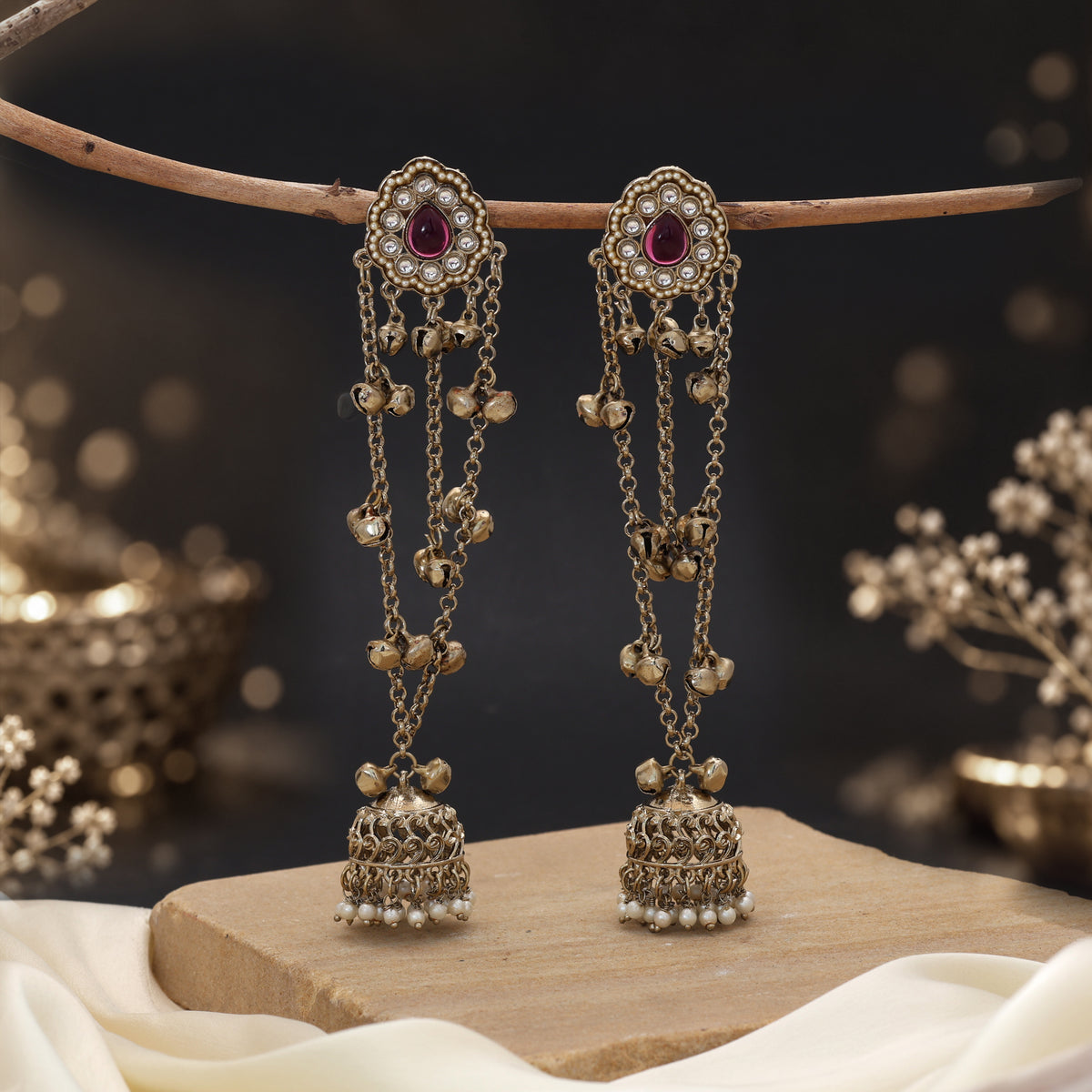 Graceful Baby Pink Color Long Kashmiri Earrings Designed For Minimalist Ethnic Styling