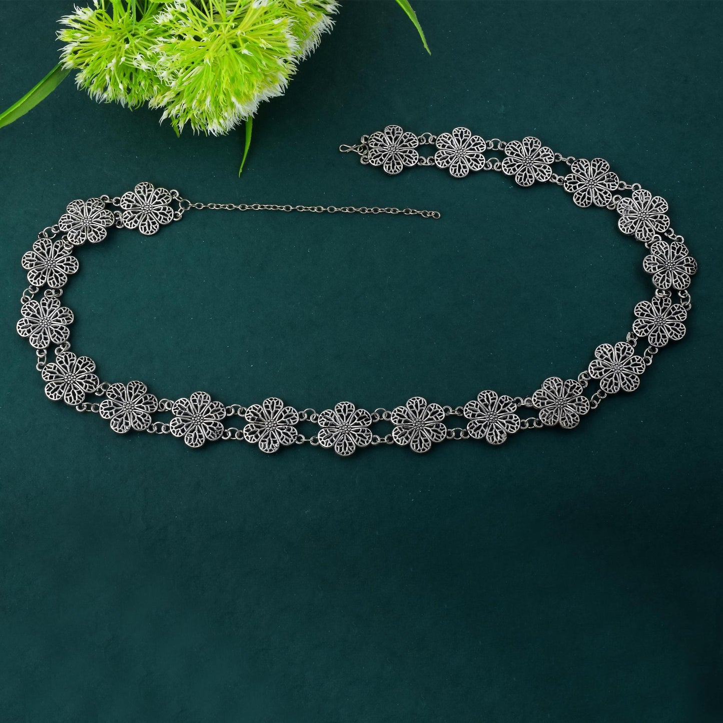 Elegant Silver Color Oxidised Kamarband With Multi-Layered Metal Chains