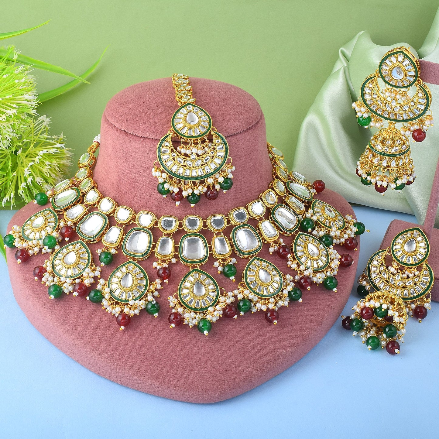 Maroon & Green Color Kundan Necklace Set For Bridal And Party Use