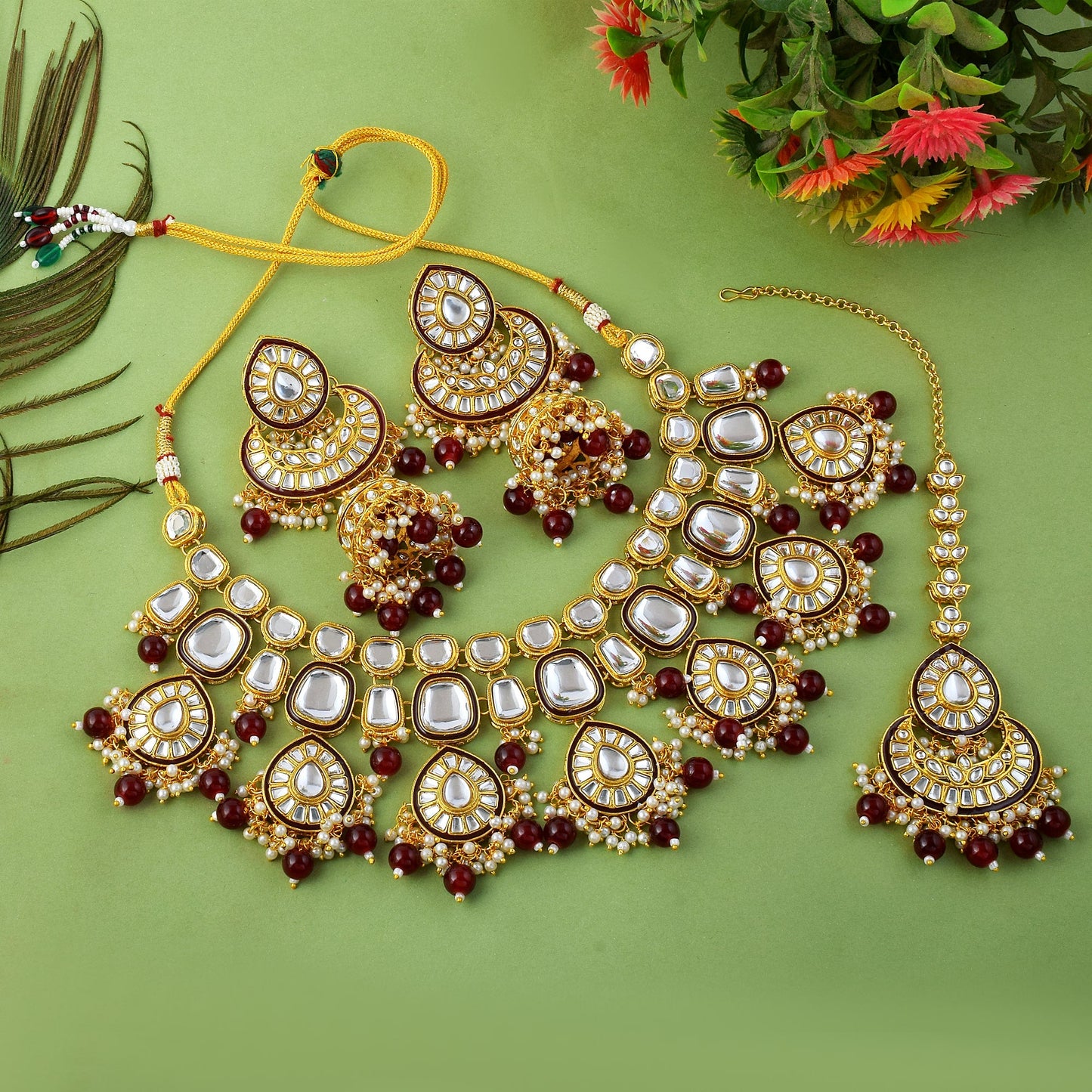 Stunning Maroon Color Kundan Necklace Set For Ethnic Occasions