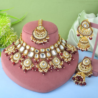 Stunning Maroon Color Kundan Necklace Set For Ethnic Occasions