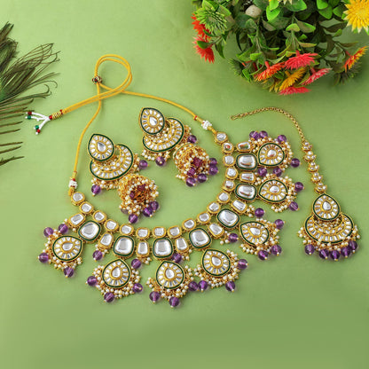 Regal Purple Color Kundan Necklace Set For Wedding Celebrations