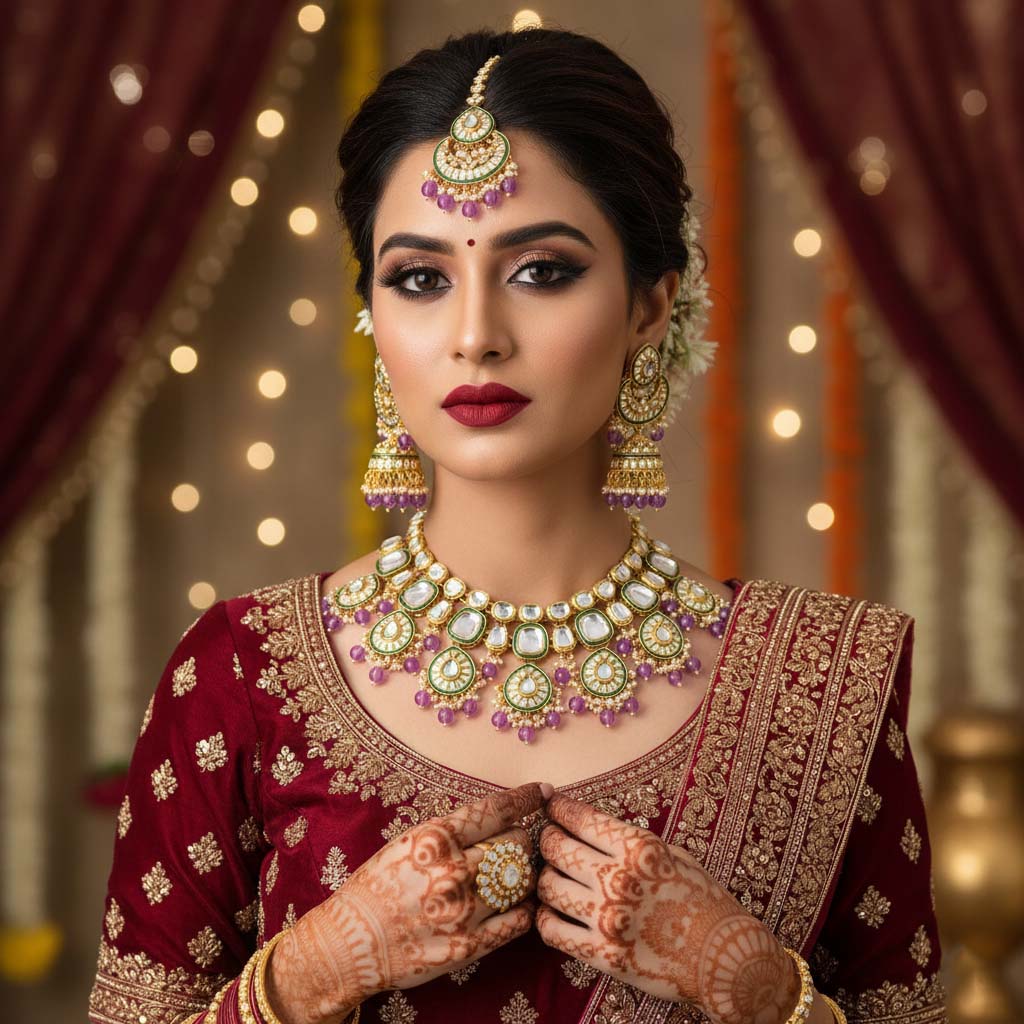 Königliches Kundan-Halskettenset in Lila für Hochzeitsfeiern