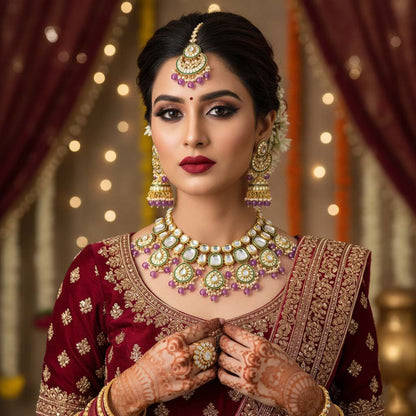 Königliches Kundan-Halskettenset in Lila für Hochzeitsfeiern