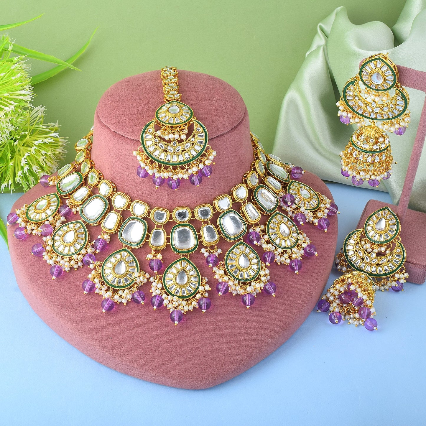 Regal Purple Color Kundan Necklace Set For Wedding Celebrations