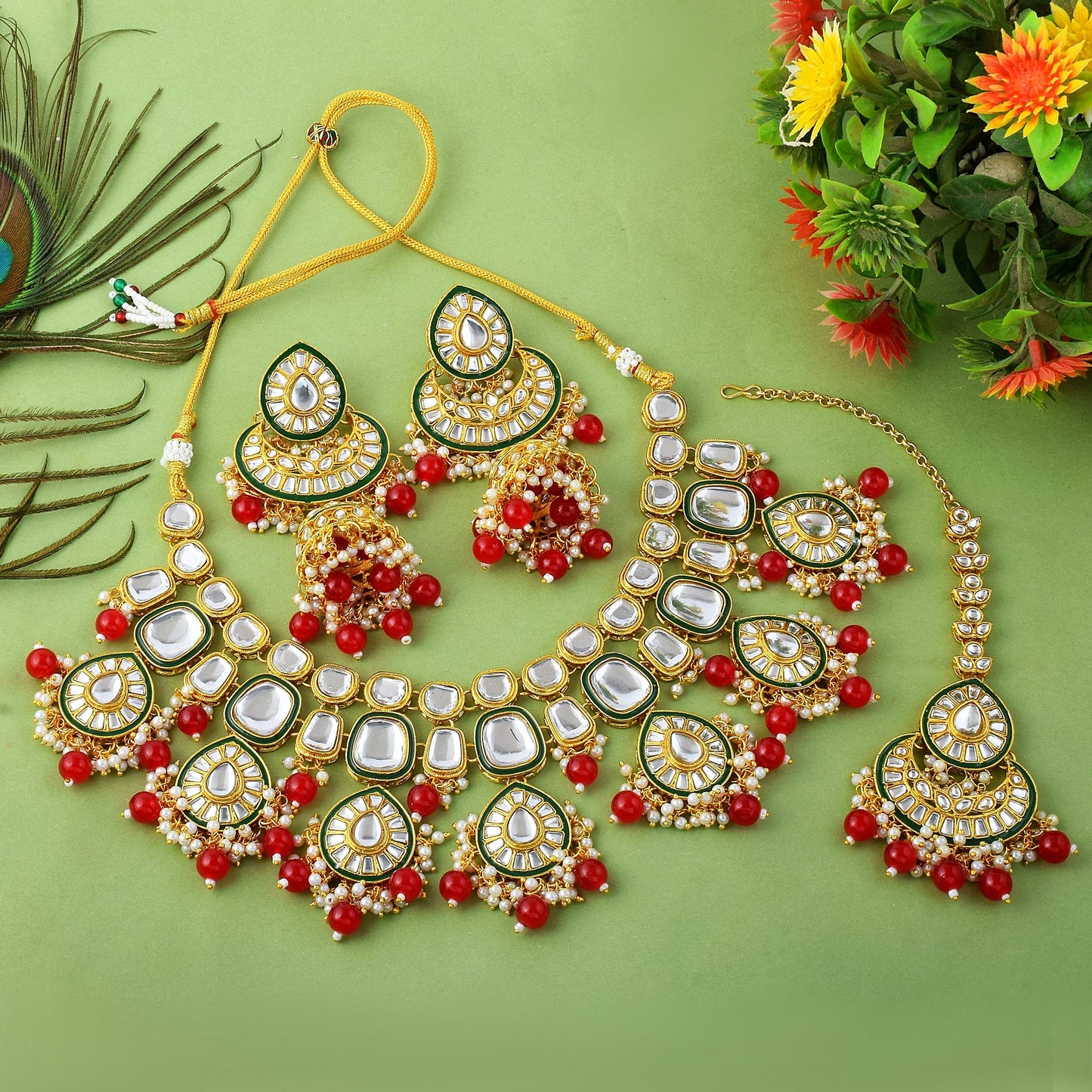 Elegant Red Color Kundan Necklace Set For Traditional Wedding Wear