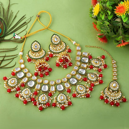 Elegant Red Color Kundan Necklace Set For Traditional Wedding Wear