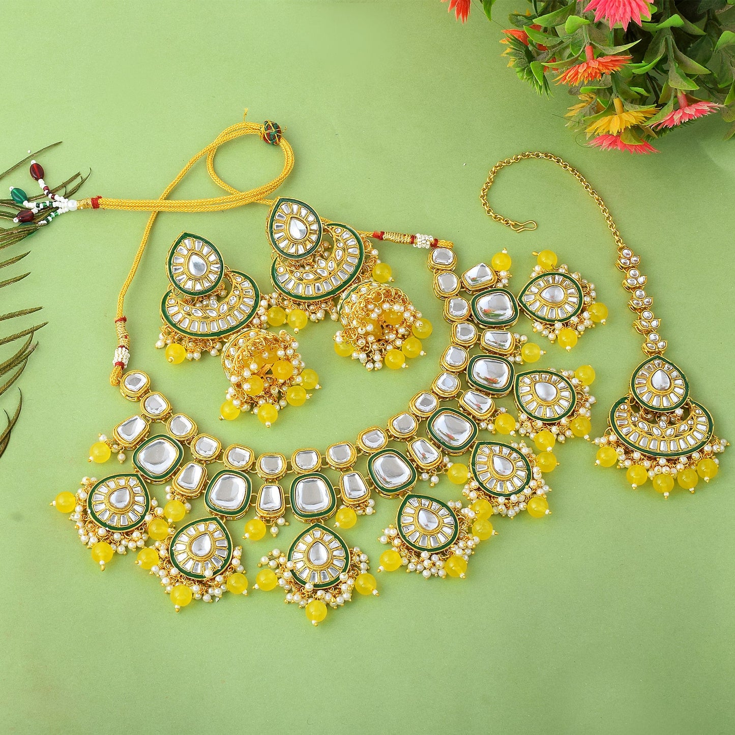 Bright Yellow Color Kundan Necklace Set With Royal Indian Design