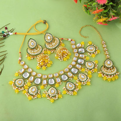 Bright Yellow Color Kundan Necklace Set With Royal Indian Design