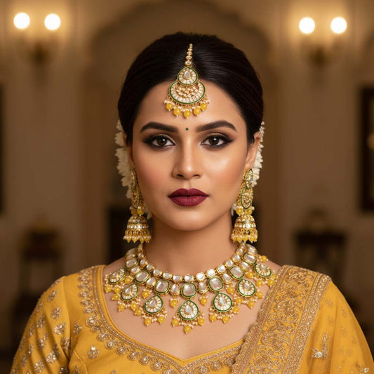 Hellgelbes Kundan-Halsketten-Set mit königlich-indischem Design