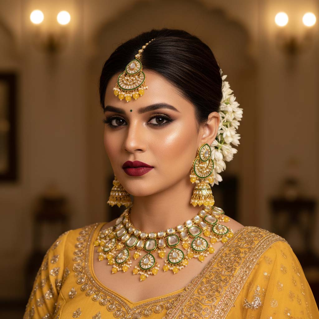 Hellgelbes Kundan-Halsketten-Set mit königlich-indischem Design