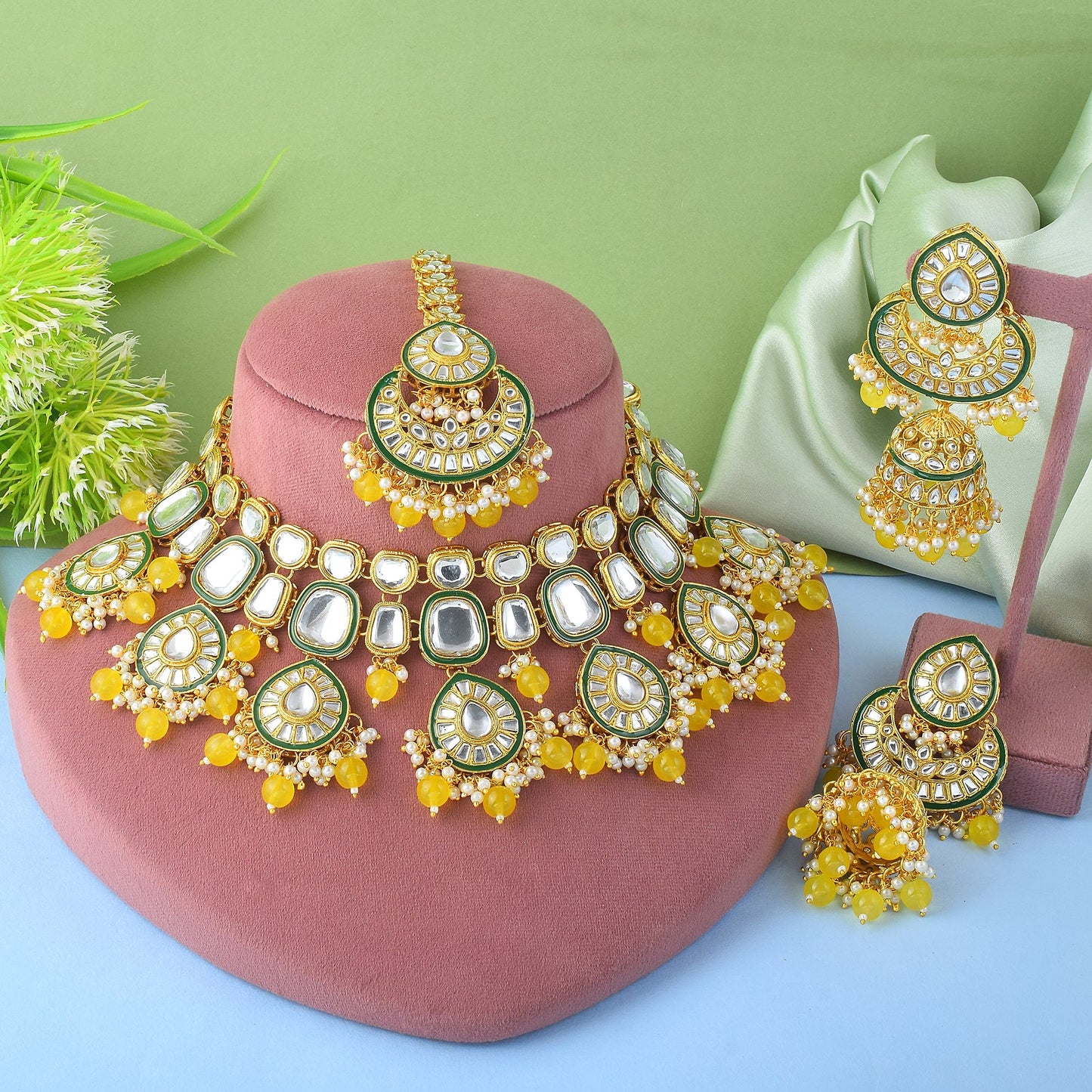 Bright Yellow Color Kundan Necklace Set With Royal Indian Design