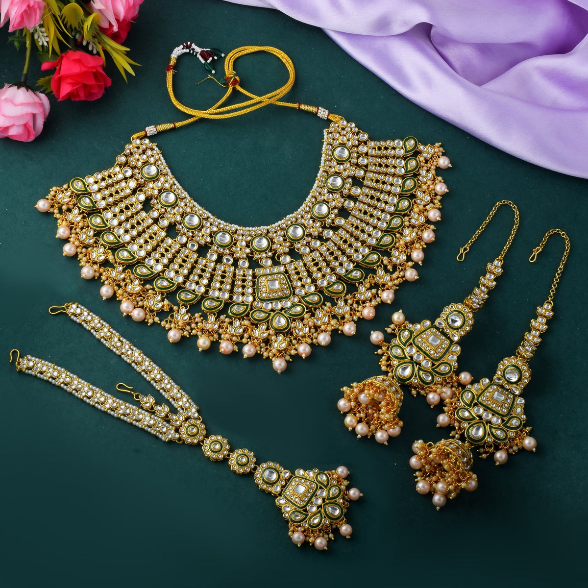 Heavy Gold Color Kundan Necklace Set For Wedding And Parties | FEMNARI