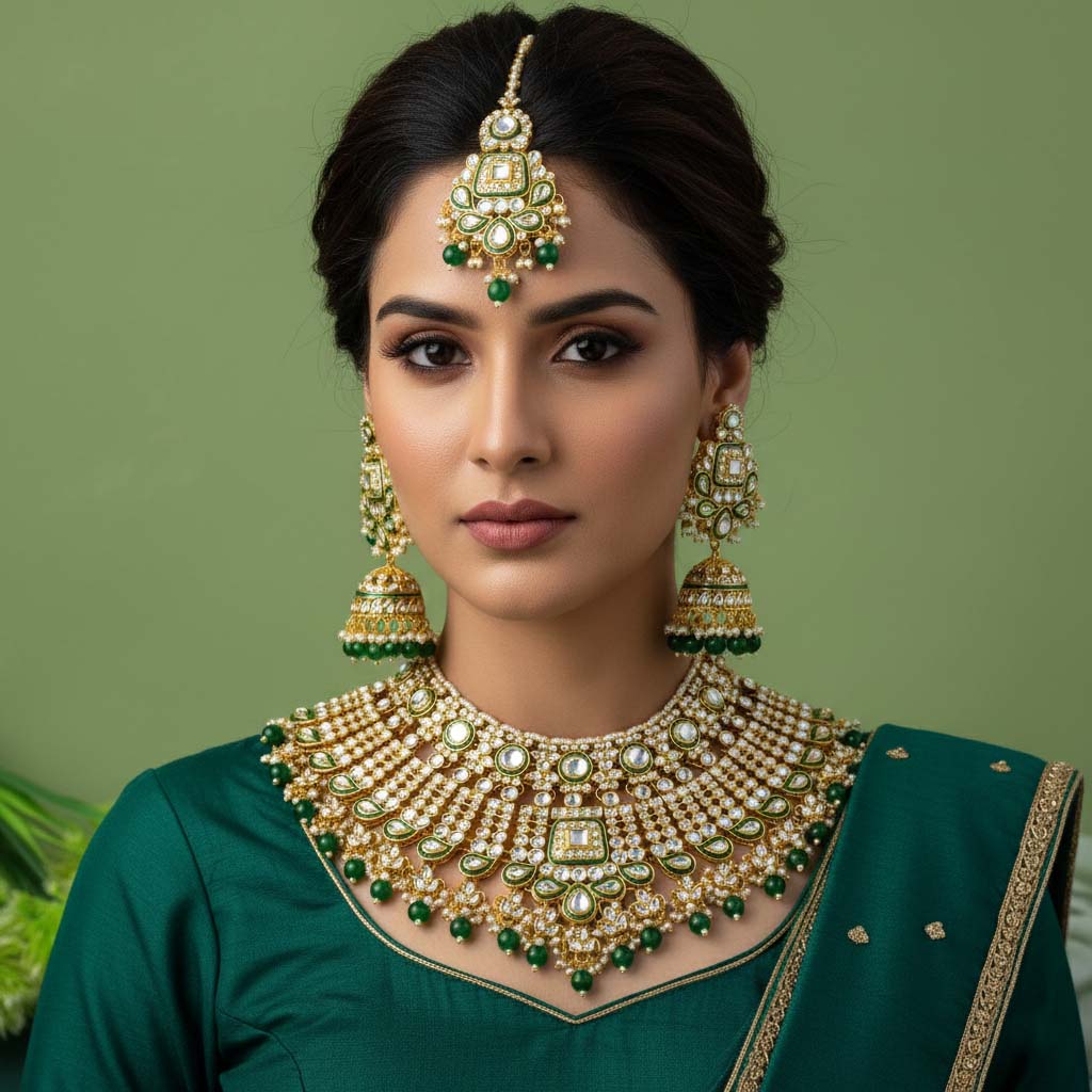 Traditionelles grünes Kundan-Halsketten-Set mit goldenen Akzenten