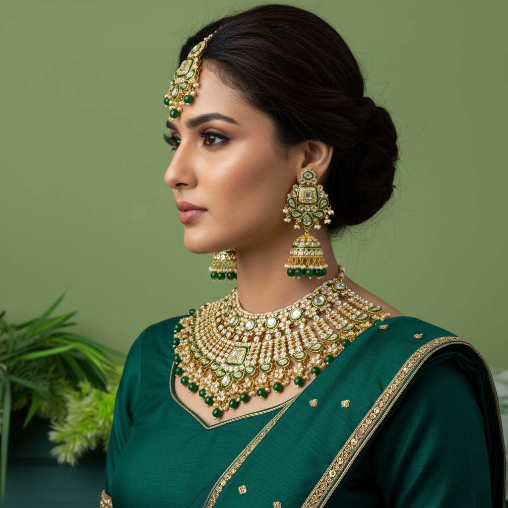 Traditionelles grünes Kundan-Halsketten-Set mit goldenen Akzenten