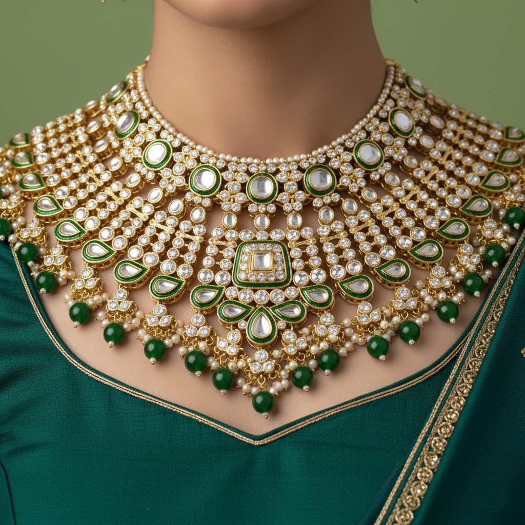 Traditionelles grünes Kundan-Halsketten-Set mit goldenen Akzenten