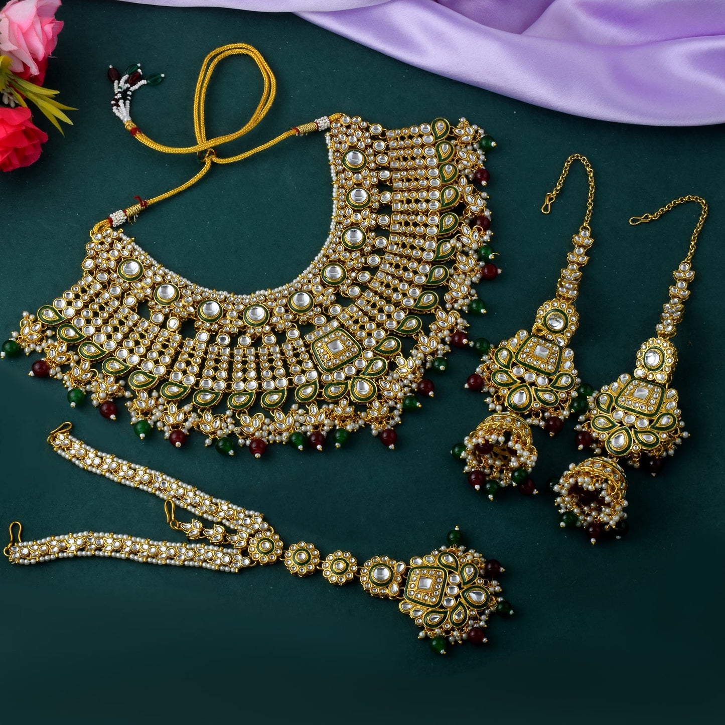 Bridal Maroon & Green Color Kundan Necklace Set For Special Events