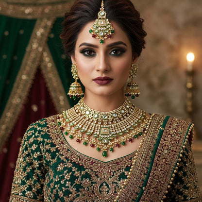 Braut-Kundan-Halskettenset in Kastanienbraun und Grün für besondere Anlässe