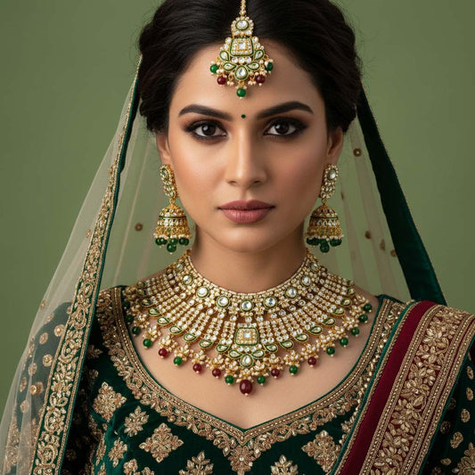 Braut-Kundan-Halskettenset in Kastanienbraun und Grün für besondere Anlässe