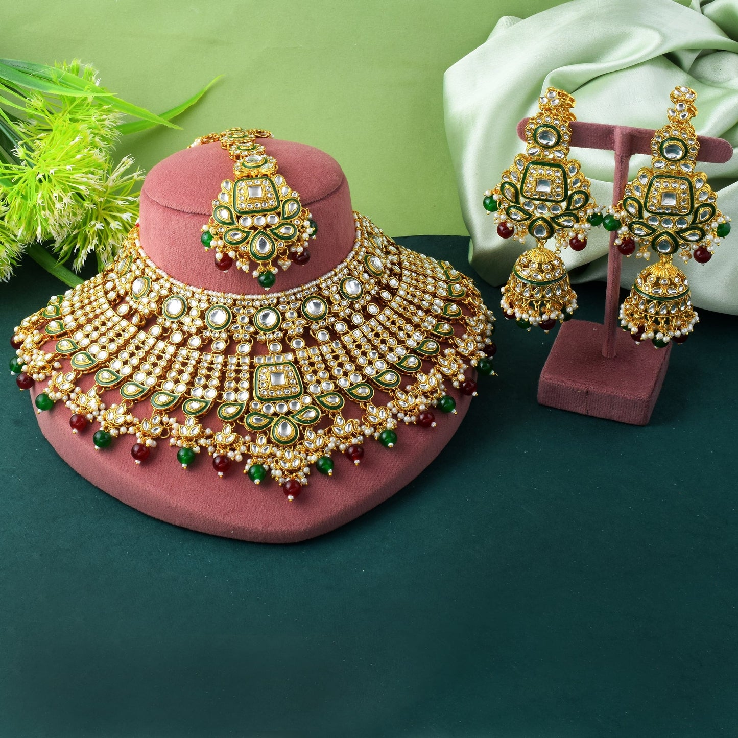 Bridal Maroon & Green Color Kundan Necklace Set For Special Events