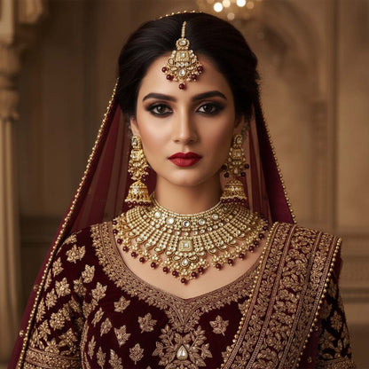 Hochwertiges kastanienbraunes Kundan-Halskettenset für elegante Anlässe