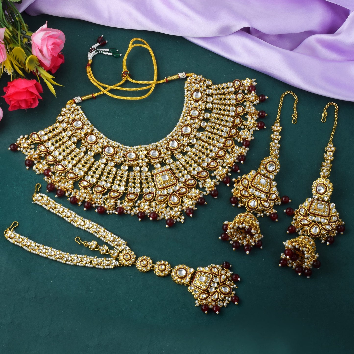 Premium Maroon Color Kundan Necklace Set For Elegant Occasions