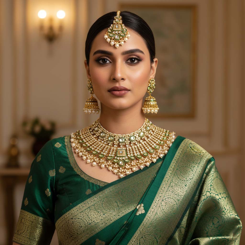 Handgefertigtes Kundan-Halskettenset in Weiß mit klassischen Details