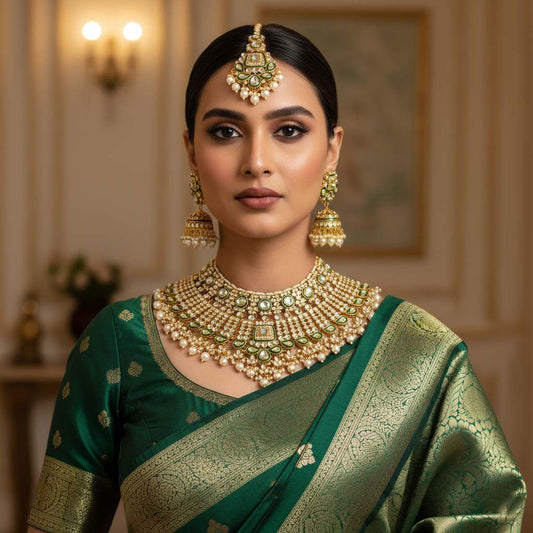 Handgefertigtes Kundan-Halskettenset in Weiß mit klassischen Details