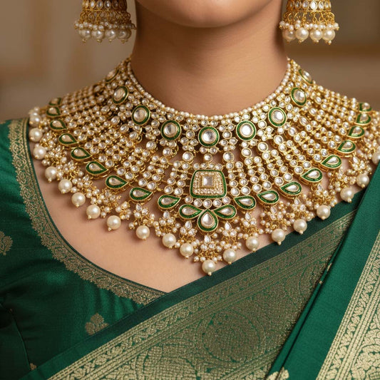 Handgefertigtes Kundan-Halskettenset in Weiß mit klassischen Details
