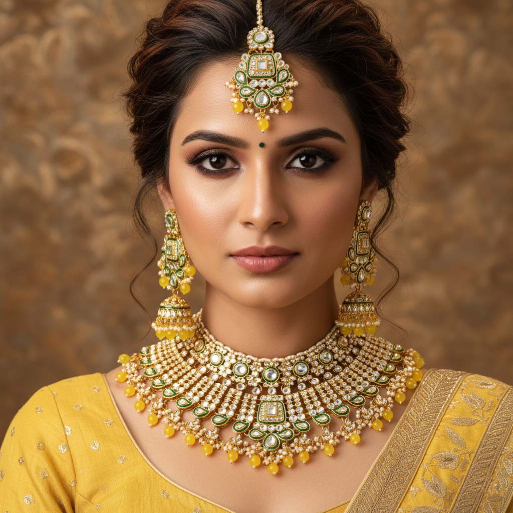 Traditionelles Kundan-Halsketten-Set in Gelb für festliche Outfits