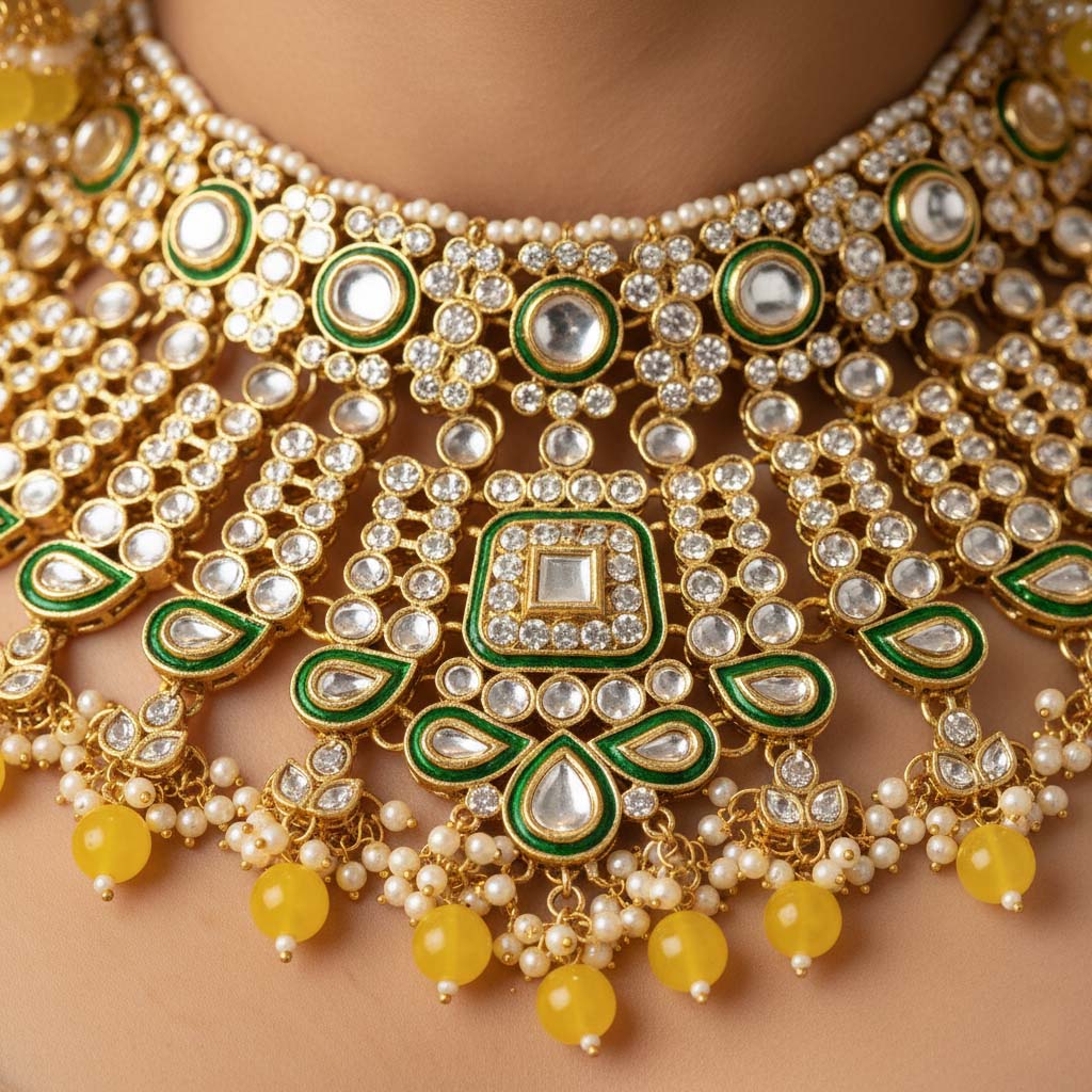 Traditionelles Kundan-Halsketten-Set in Gelb für festliche Outfits