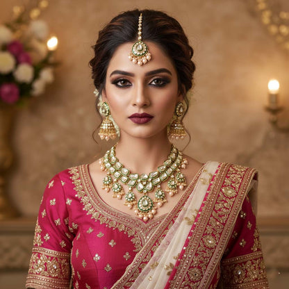 Ethnisches goldfarbenes Kundan-Halskettenset mit Hochzeitssteindetails