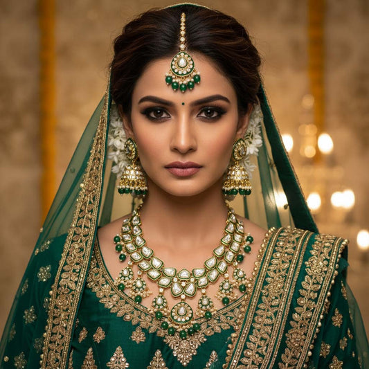 Elegant Green Color Kundan Necklace Set For Traditional Outfits