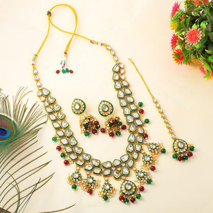 Bridal Maroon & Green Color Kundan Necklace Set With Stone Design