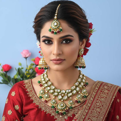 Bridal Maroon & Green Color Kundan Necklace Set With Stone Design