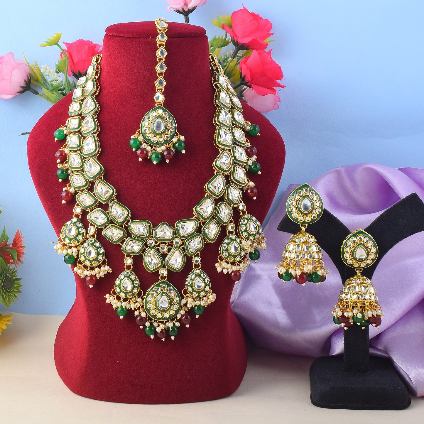 Bridal Maroon & Green Color Kundan Necklace Set With Stone Design