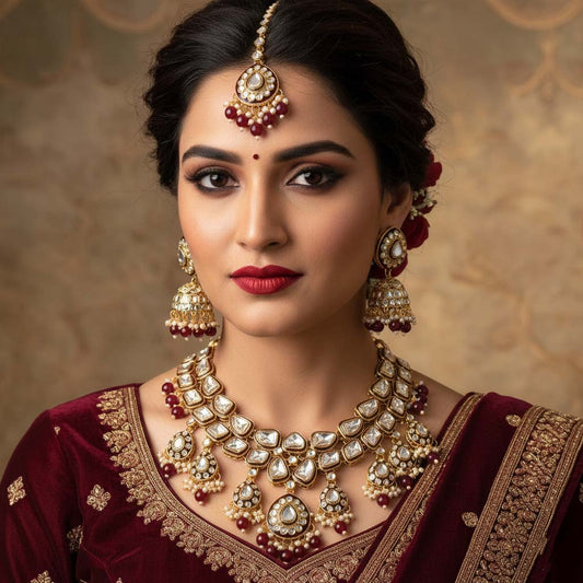 Glamorous Maroon Color Kundan Necklace Set With Gold Highlights