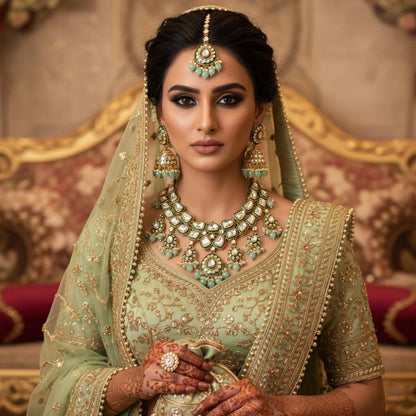 Unique Pista Green Color Kundan Necklace Set For Festival Wear