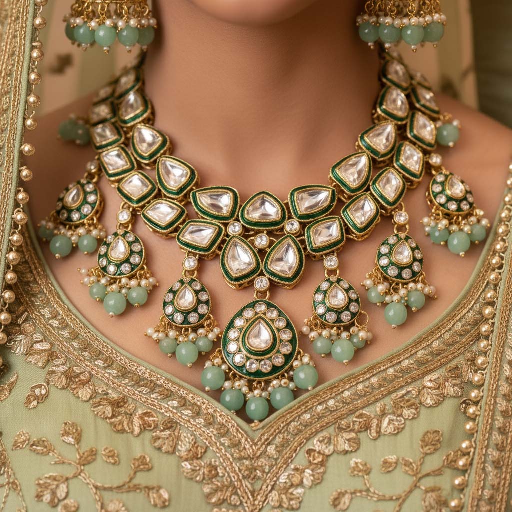 Unique Pista Green Color Kundan Necklace Set For Festival Wear