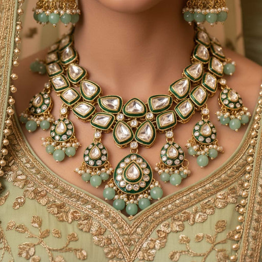 Unique Pista Green Color Kundan Necklace Set For Festival Wear