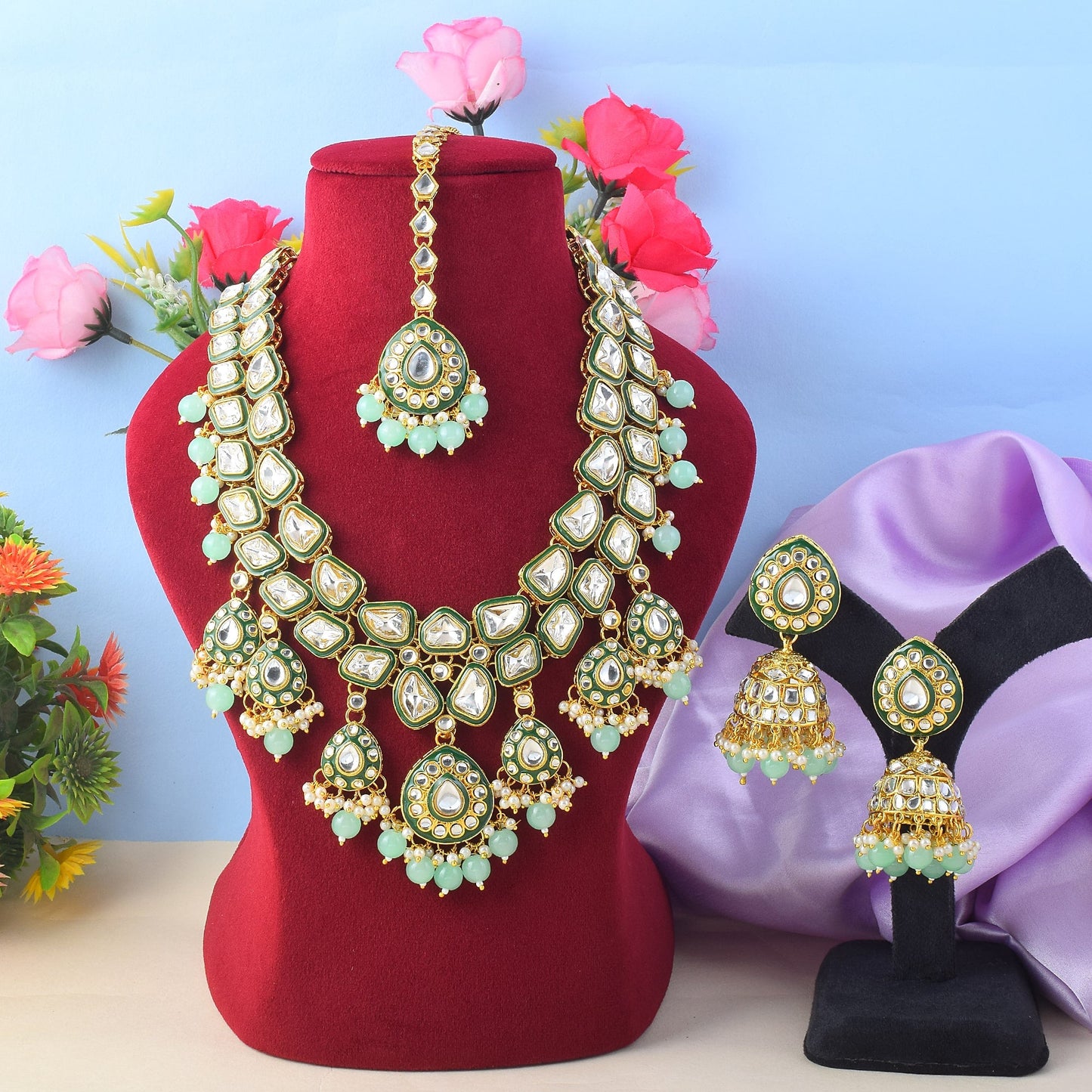 Unique Pista Green Color Kundan Necklace Set For Festival Wear