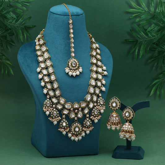 Ethnic White Color Kundan Necklace Set With Wedding Stone Details