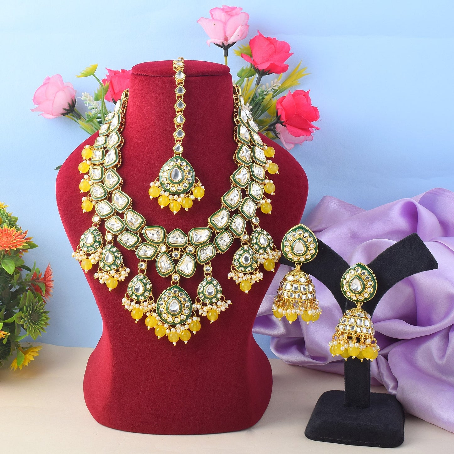 Vibrant Yellow Color Kundan Necklace Set For Cultural Functions