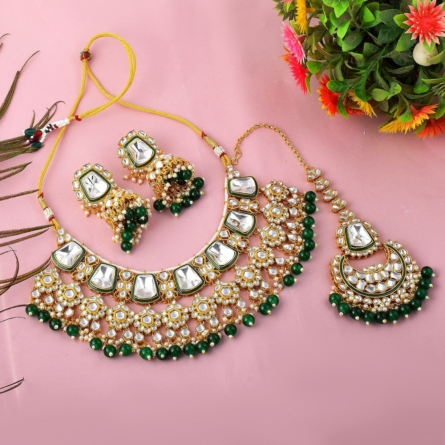 Radiant Green Color Kundan Necklace Set With Antique Finishing